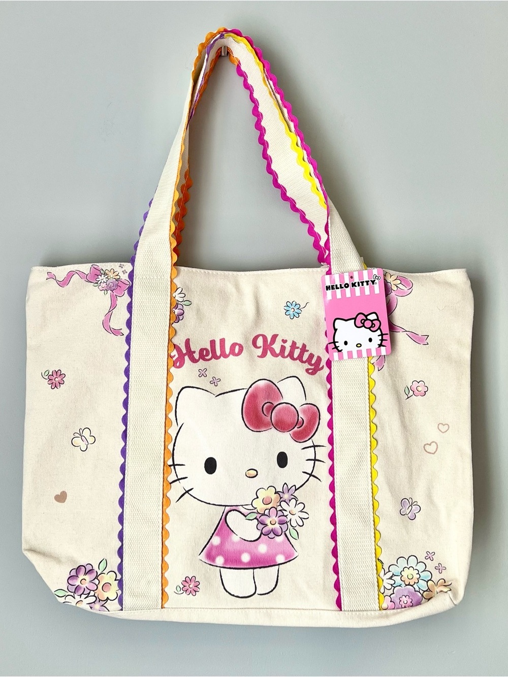 Hello Kitty Large Zip Top Canvas Tote Bag - Floral Pink Multicolor